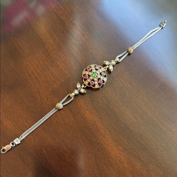 Turkish Elegant Gold Tone and Sterling Silver Bracelet with Multicolor Gemstones - Picture 4 of 8